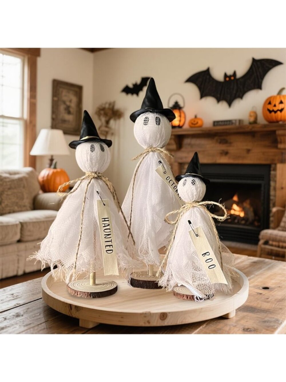 3 Set Primitive Halloween Wooden Ghost Decor with Hat Mantel Shelf Tabletop